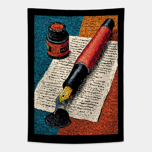 Vintage Fountain Pen | Dark Academia Writer Art Tapestry by TuncGK
