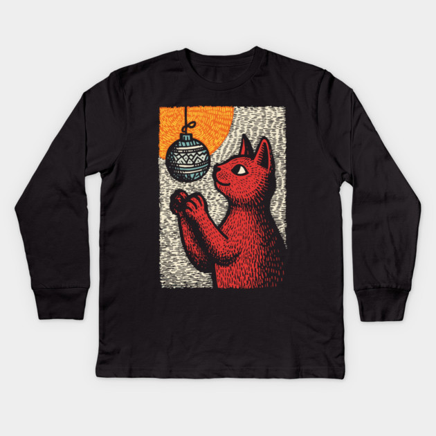 Mischievous Christmas Cat | Holiday Ornament Trouble Kids Long Sleeve T-Shirt by TuncGK