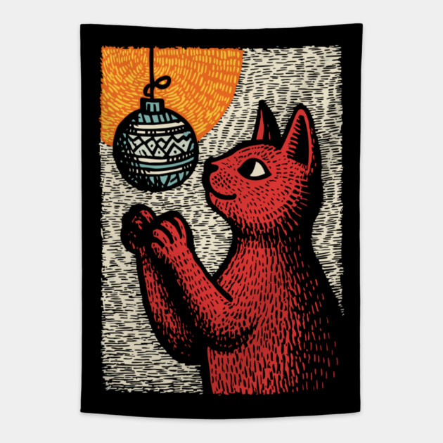 Mischievous Christmas Cat | Holiday Ornament Trouble Tapestry by TuncGK
