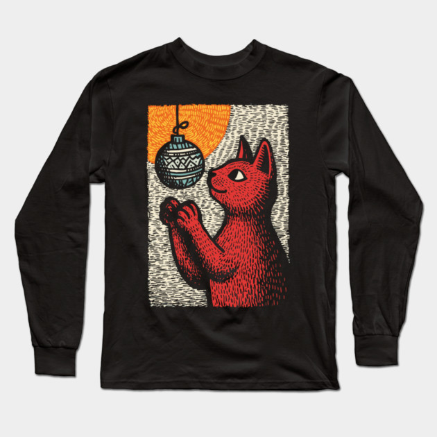 Mischievous Christmas Cat | Holiday Ornament Trouble Long Sleeve T-Shirt by TuncGK