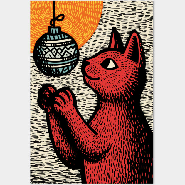 Mischievous Christmas Cat | Holiday Ornament Trouble Wall Art by TuncGK