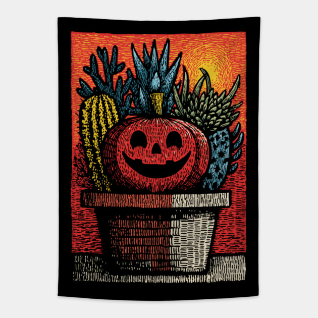 Happy Harvest Pumpkin | Wholesome Autumn Folk Art Tapestry by TuncGK
