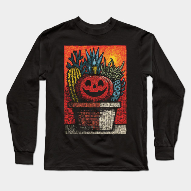 Happy Harvest Pumpkin | Wholesome Autumn Folk Art Long Sleeve T-Shirt by TuncGK