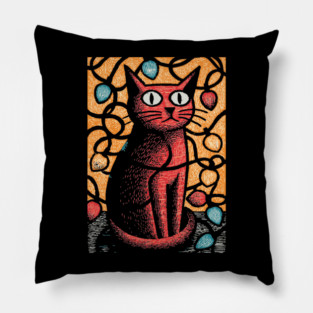 Stained Glass Cat Art | Whimsical Holiday Kitty Pillow