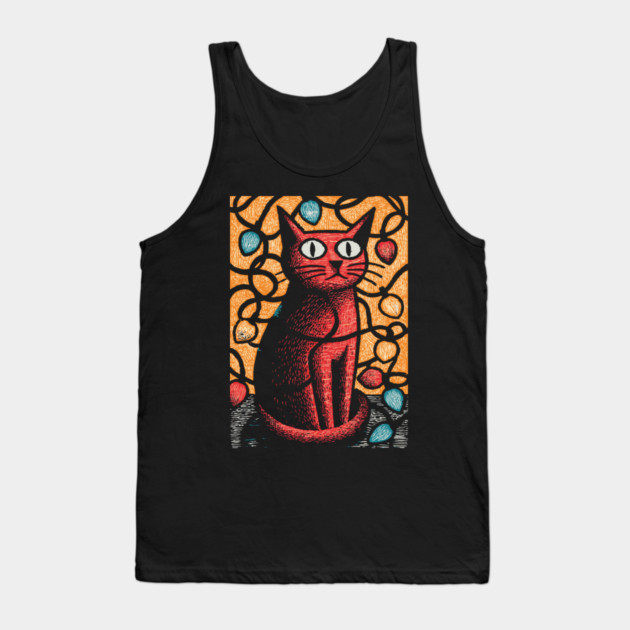 Stained Glass Cat Art | Whimsical Holiday Kitty Tank Top by TuncGK
