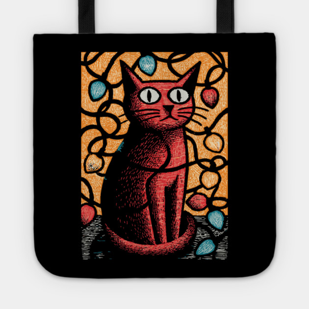 Stained Glass Cat Art | Whimsical Holiday Kitty Tote by TuncGK