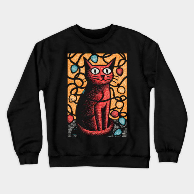 Stained Glass Cat Art | Whimsical Holiday Kitty Crewneck Sweatshirt by TuncGK