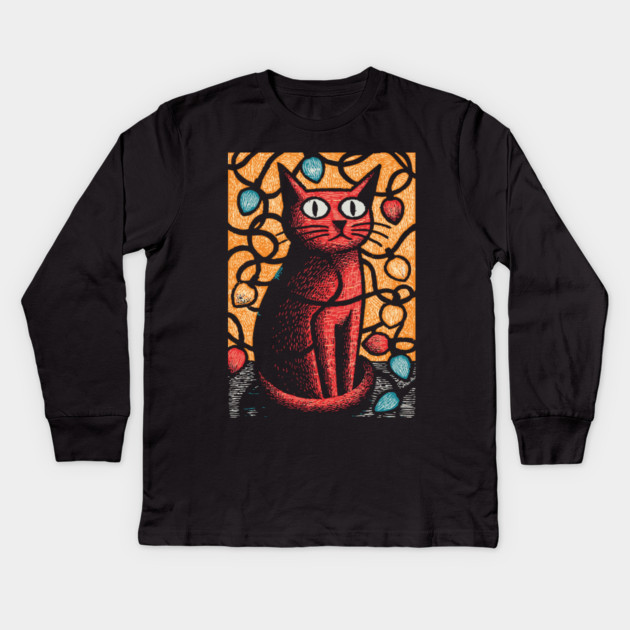 Stained Glass Cat Art | Whimsical Holiday Kitty Kids Long Sleeve T-Shirt by TuncGK