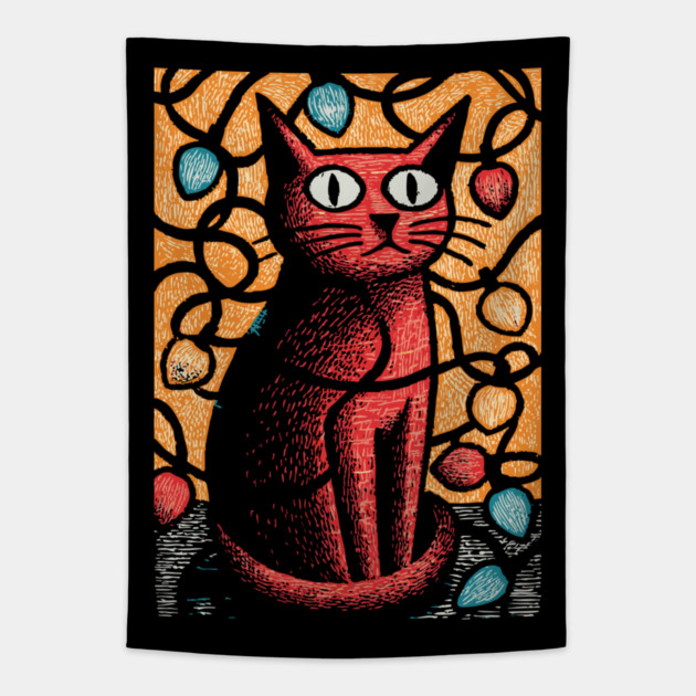 Stained Glass Cat Art | Whimsical Holiday Kitty Tapestry by TuncGK