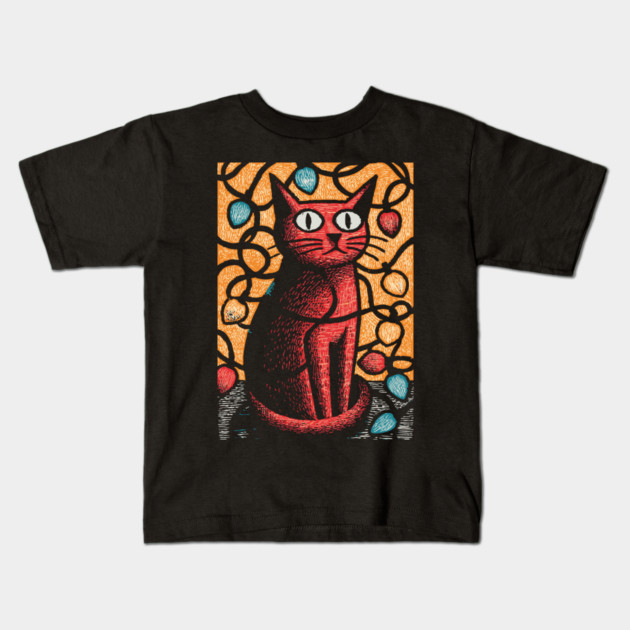 Stained Glass Cat Art | Whimsical Holiday Kitty Kids T-Shirt by TuncGK