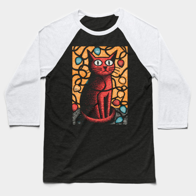 Stained Glass Cat Art | Whimsical Holiday Kitty Baseball T-Shirt by TuncGK