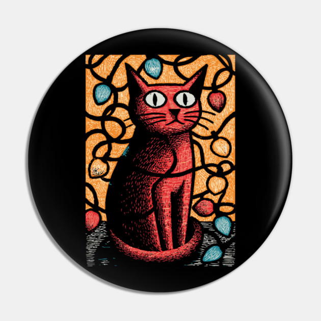 Stained Glass Cat Art | Whimsical Holiday Kitty Pin by TuncGK