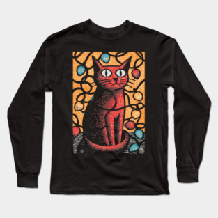 Stained Glass Cat Art | Whimsical Holiday Kitty Long Sleeve T-Shirt