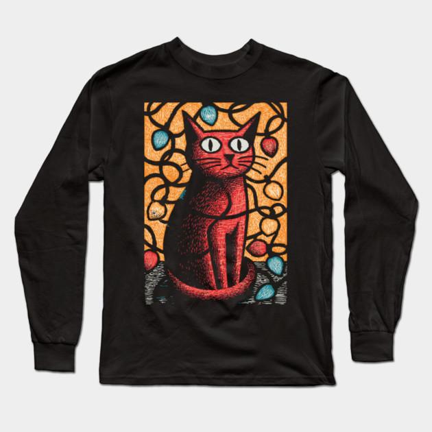 Stained Glass Cat Art | Whimsical Holiday Kitty Long Sleeve T-Shirt by TuncGK