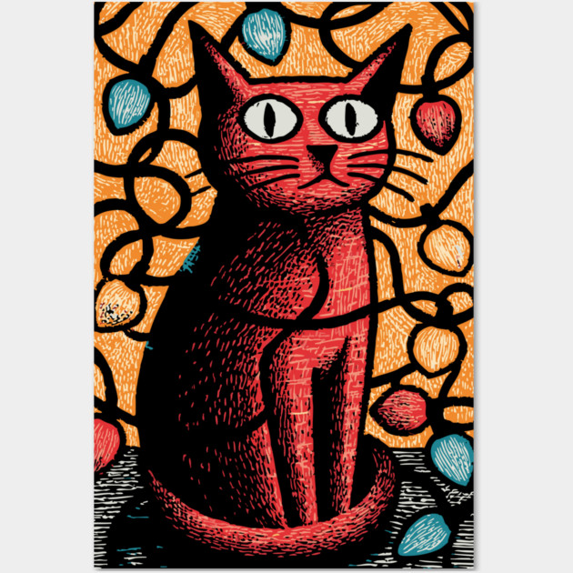 Stained Glass Cat Art | Whimsical Holiday Kitty Wall Art by TuncGK