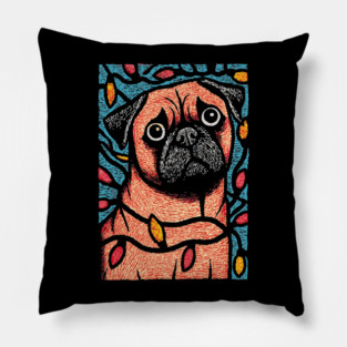 Funny Pug in Lights | A Christmas Dog's Dilemma Pillow