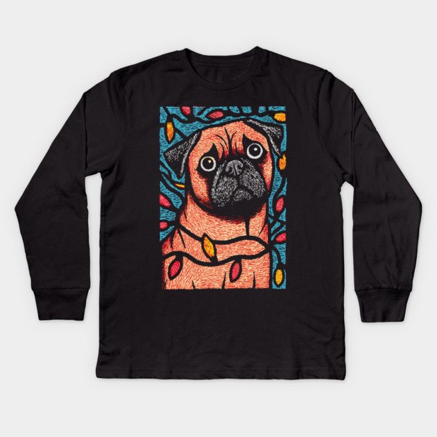 Funny Pug in Lights | A Christmas Dog's Dilemma Kids Long Sleeve T-Shirt by TuncGK