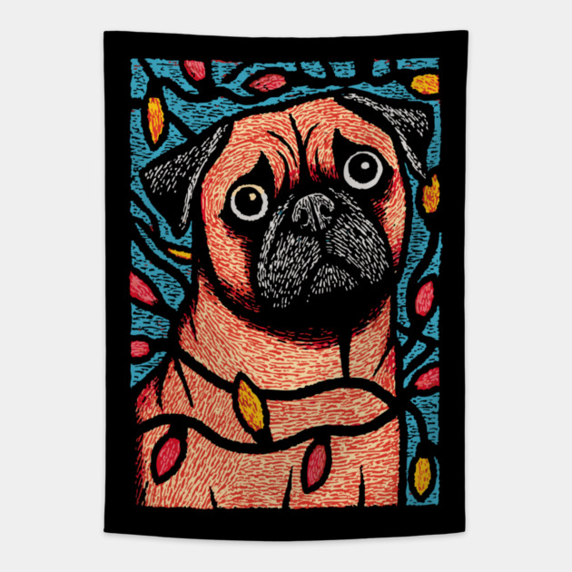 Funny Pug in Lights | A Christmas Dog's Dilemma Tapestry by TuncGK