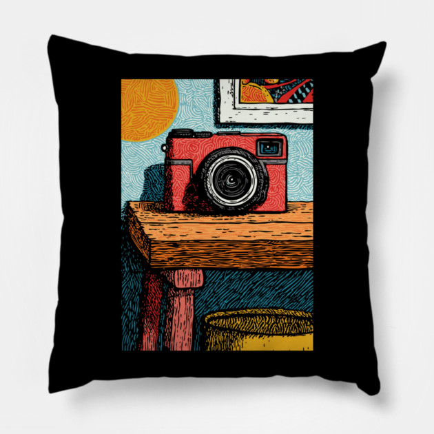Vintage Camera on Table | Film Photography Art Pillow by TuncGK
