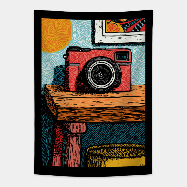 Vintage Camera on Table | Film Photography Art Tapestry by TuncGK