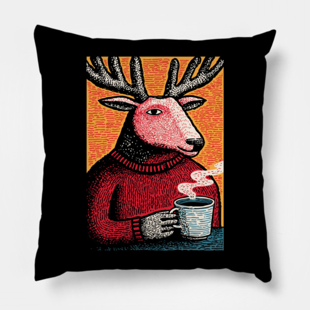 Cool Reindeer Coffee Break | Funny Christmas Deer Pillow by TuncGK
