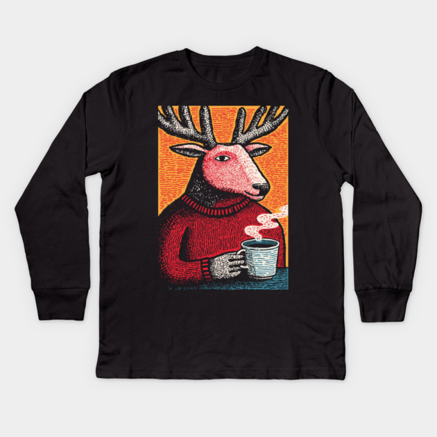 Cool Reindeer Coffee Break | Funny Christmas Deer Kids Long Sleeve T-Shirt by TuncGK