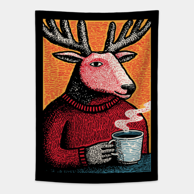 Cool Reindeer Coffee Break | Funny Christmas Deer Tapestry by TuncGK