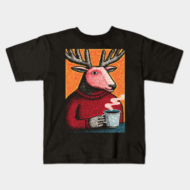 Cool Reindeer Coffee Break | Funny Christmas Deer Kids T-Shirt by TuncGK