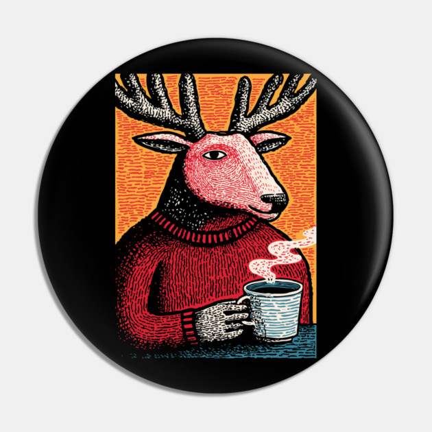 Cool Reindeer Coffee Break | Funny Christmas Deer Pin by TuncGK