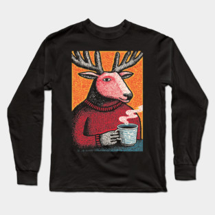 Cool Reindeer Coffee Break | Funny Christmas Deer Long Sleeve T-Shirt