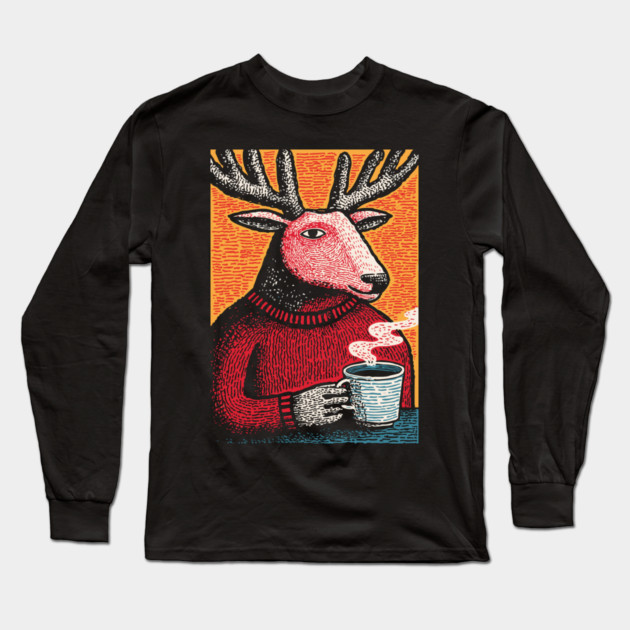 Cool Reindeer Coffee Break | Funny Christmas Deer Long Sleeve T-Shirt by TuncGK