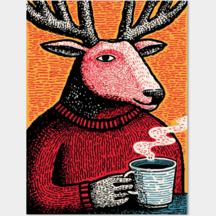 Cool Reindeer Coffee Break | Funny Christmas Deer Posters and Art