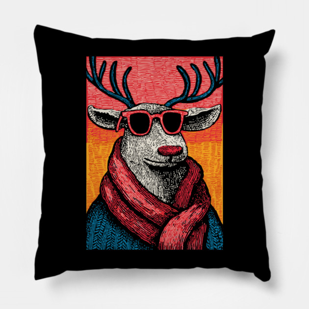 Vintage Reindeer in Scarf | Cozy Christmas Deer Pillow by TuncGK