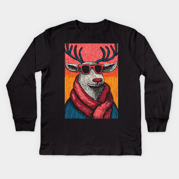 Vintage Reindeer in Scarf | Cozy Christmas Deer Kids Long Sleeve T-Shirt by TuncGK