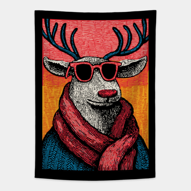 Vintage Reindeer in Scarf | Cozy Christmas Deer Tapestry by TuncGK