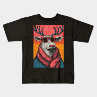 Vintage Reindeer in Scarf | Cozy Christmas Deer Kids T-Shirt