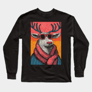 Vintage Reindeer in Scarf | Cozy Christmas Deer Long Sleeve T-Shirt