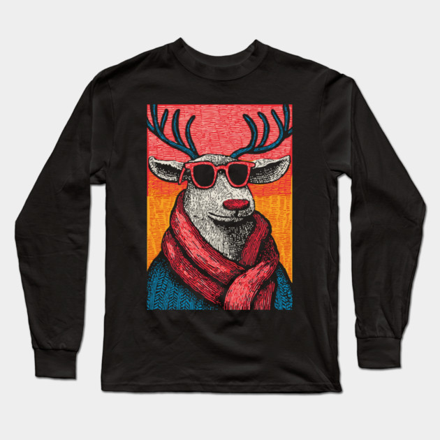 Vintage Reindeer in Scarf | Cozy Christmas Deer Long Sleeve T-Shirt by TuncGK