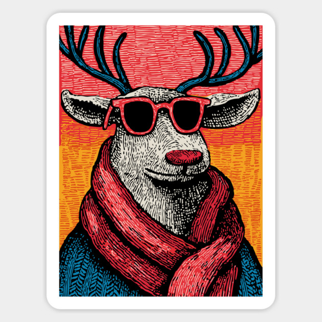 Vintage Reindeer in Scarf | Cozy Christmas Deer Magnet by TuncGK