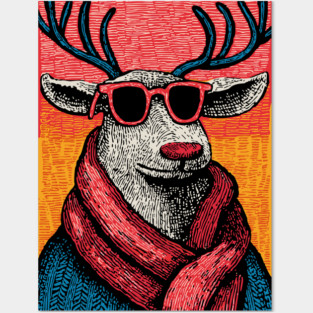 Vintage Reindeer in Scarf | Cozy Christmas Deer Posters and Art