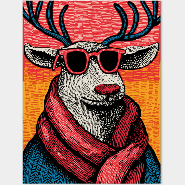 Vintage Reindeer in Scarf | Cozy Christmas Deer Wall Art by TuncGK