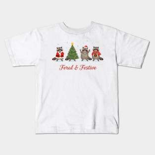 Feral And Festive Raccoons Funny Christmas Animals Kids T-Shirt