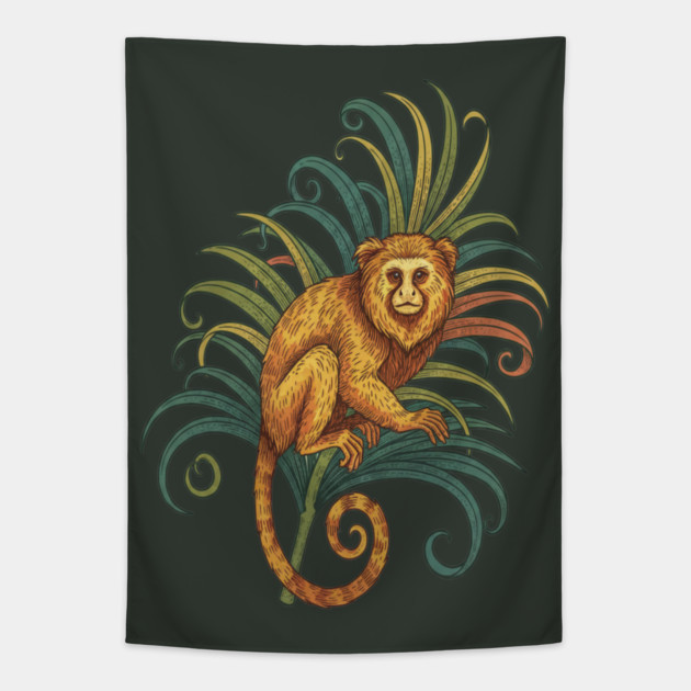 Golden Tamarin with Tropical Fronds Tapestry by BirdsnStuff