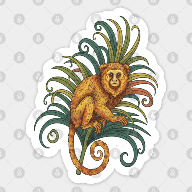 Golden Tamarin with Tropical Fronds Sticker by BirdsnStuff