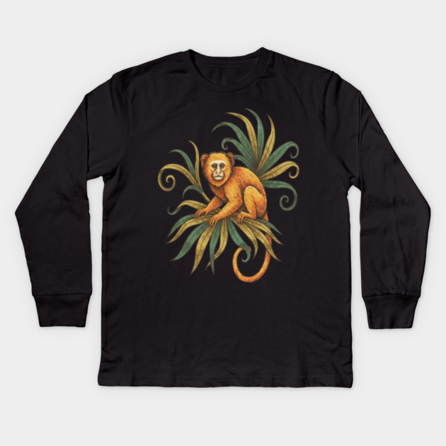 Golden Tamarin with Tropical Plants Kids Long Sleeve T-Shirt by BirdsnStuff