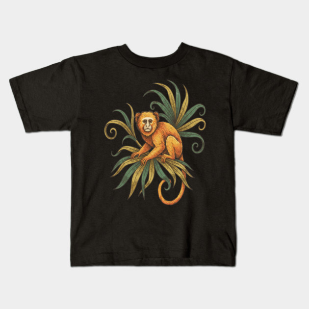 Golden Tamarin with Tropical Plants Kids T-Shirt by BirdsnStuff
