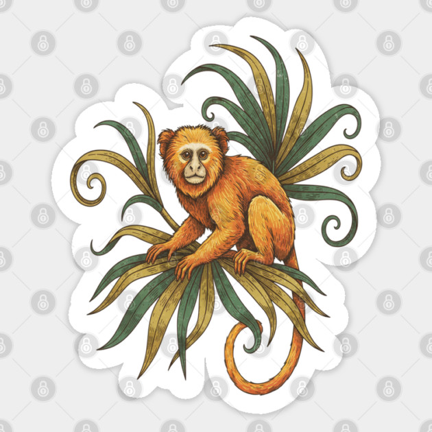 Golden Tamarin with Tropical Plants Sticker by BirdsnStuff