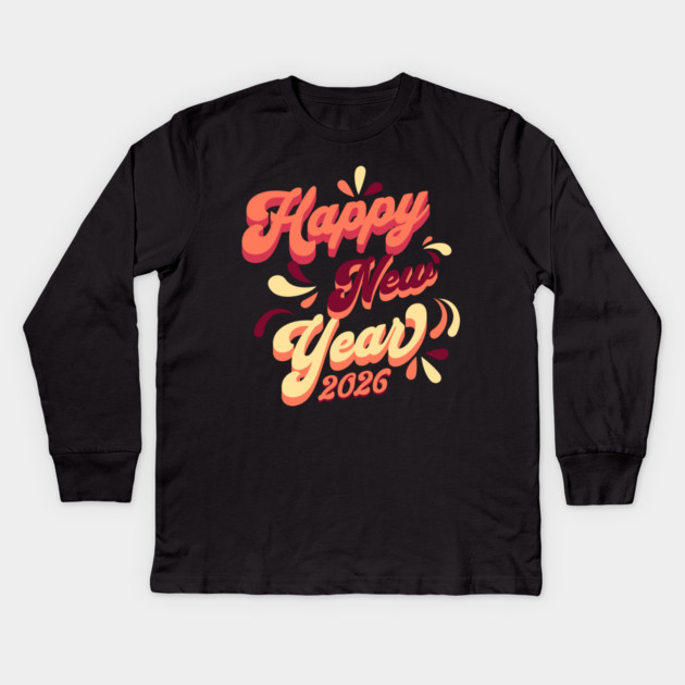 Retro Orange Yellow Happy New Year Kids Long Sleeve T-Shirt by HolidayBug