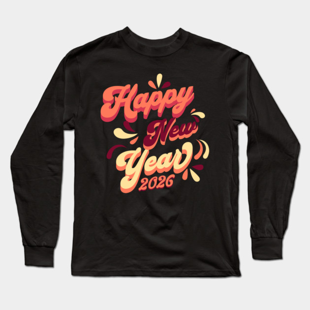 Retro Orange Yellow Happy New Year Long Sleeve T-Shirt by HolidayBug