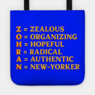 Zohran Name Acrostic – Zealous Organizing Hopeful Radical Authentic New-Yorker Tote